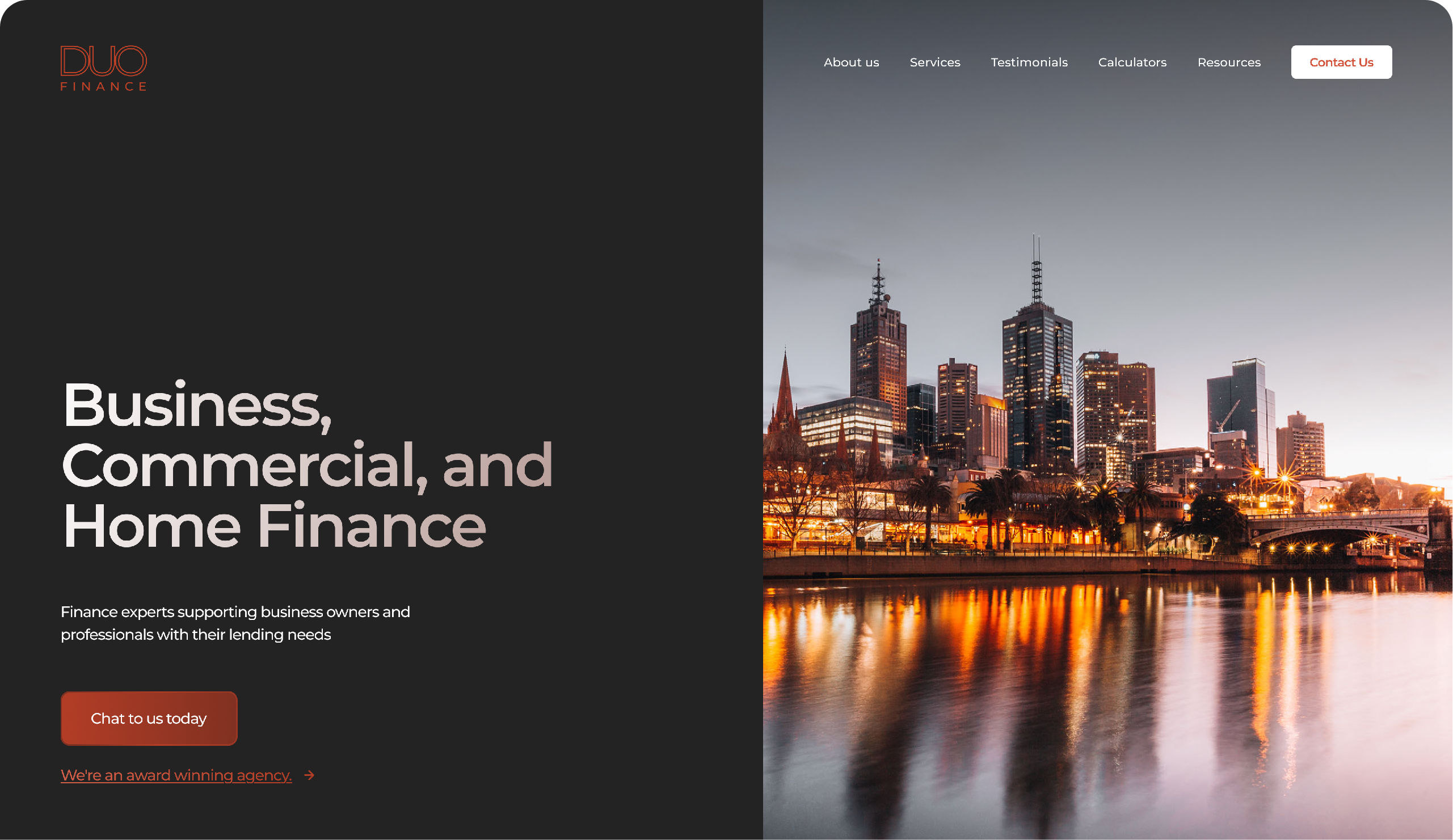 A screenshot of the website for Duo Finance, showing the hero section with a call to action on the left, and photo of melbourne on the right.